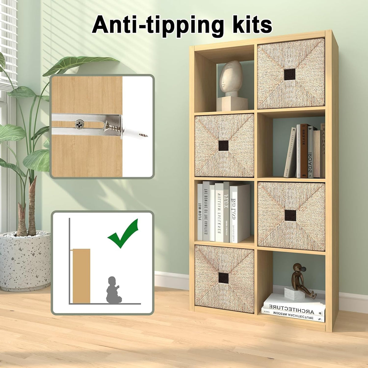 CTESNE【2026 Wooden Thick Frame 8 Cube Storage Organizer Shelf with Anti-Tipping Kits + Reversible Open Back Bookcase, Horizontal and Vertical Dual-use（Oak Color,11inch）