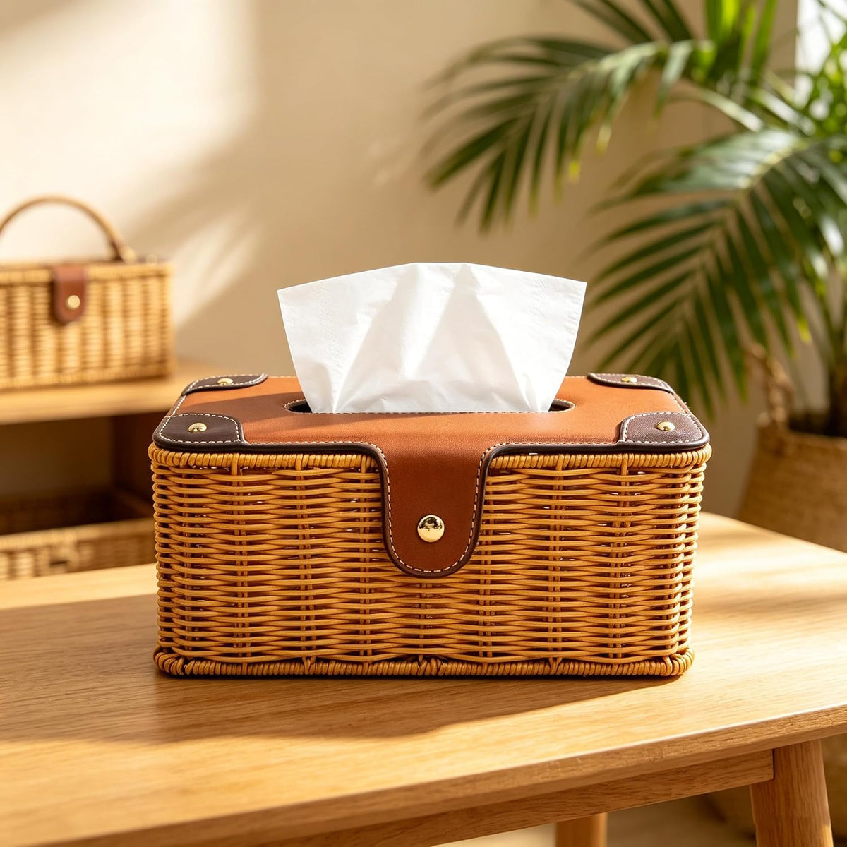 Handmade Rattan Tissue Box Holder with PU Leather Lid