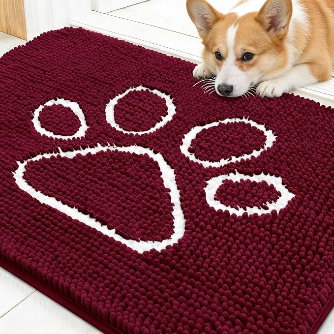 OLANLY Dog Door Mat for Muddy Paws 30x20, Paw Print Design, Absorbs Moisture