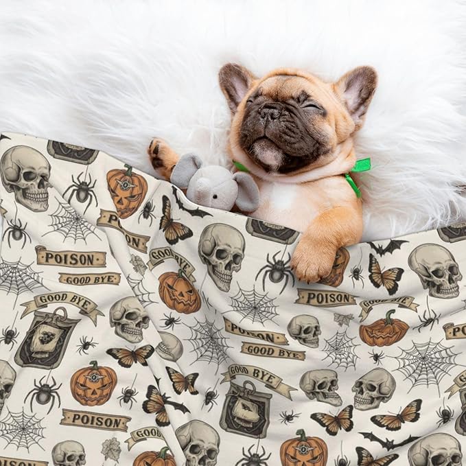 Two Sided Pet Cuddler Blanket for Anxiety Calming, Vintage Skull Skeleton Spider Web Witch Board Gothic, Reversible Plush Design with Bubble Dot Pattern Provides Familiar Surface Anywhere