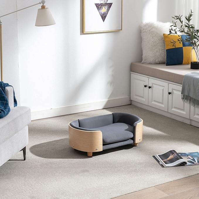 Scandinavian Style Elevated Dog Bed Pet Sofa with Solid Wood Legs and Bent Wood Back, Velvet Cushion, Small Size, Natural Frame & Dark Grey Cushion