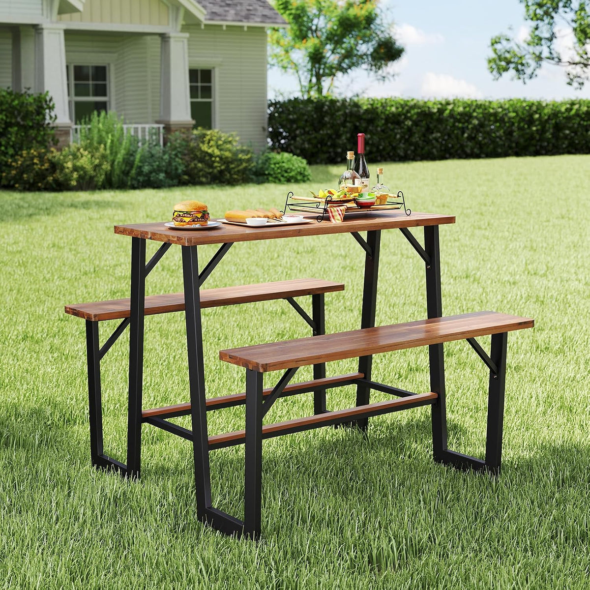 GIANTEX 4.5FT Picnic Table Bench Set for 4, Acacia Wood Outdoor Dining Table Set, Heavy Duty Metal Frame, Footrest Bar, Large Rectangular Tabletop for Porch Patio Lawn Garden