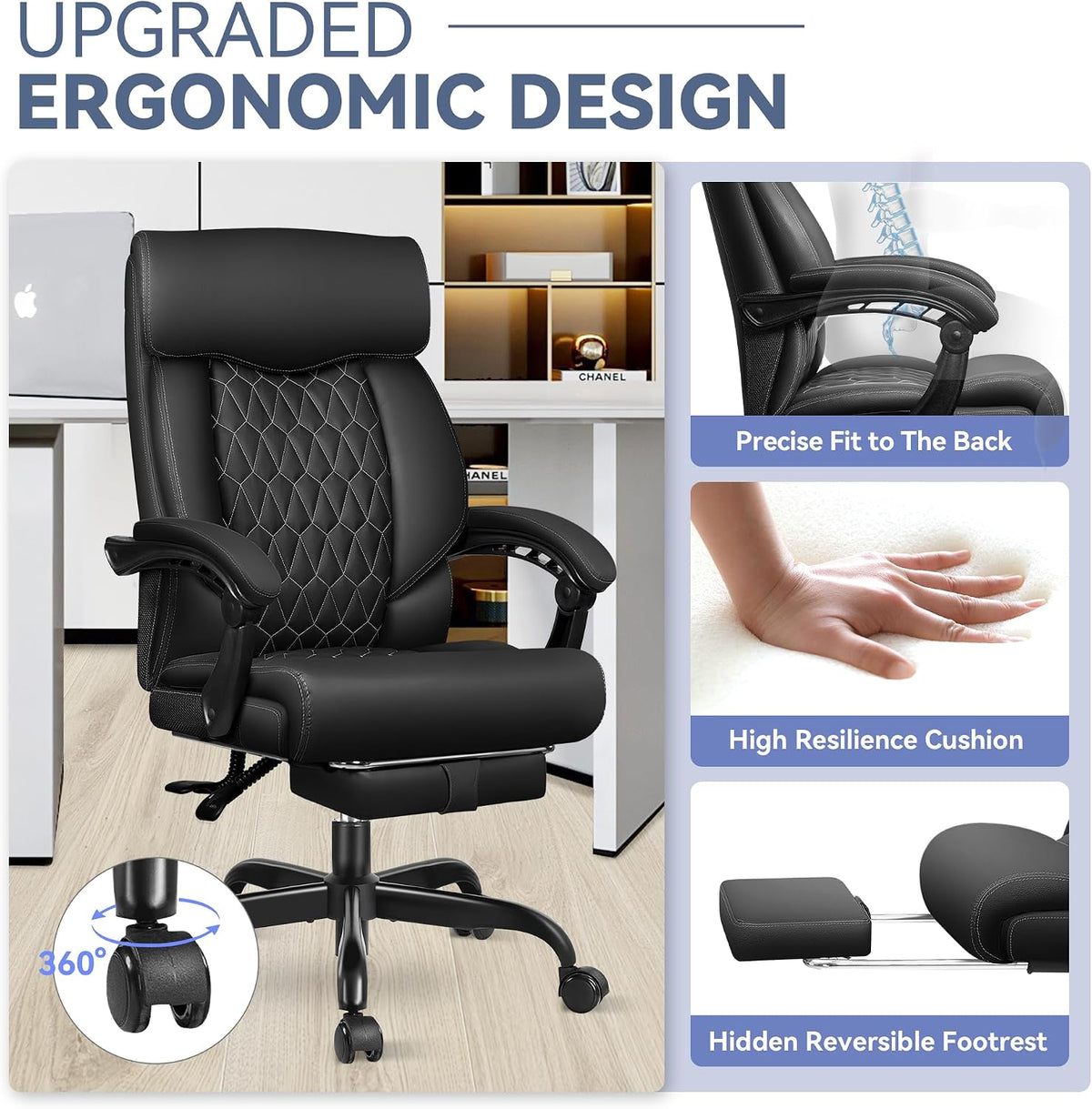 Office Chair, Big and Tall Office Desk Chair, Reclining Office Chair with Footrest Home Office Desk Chairs, High Back Ergonomic with Lumbar Support, Executive Leather