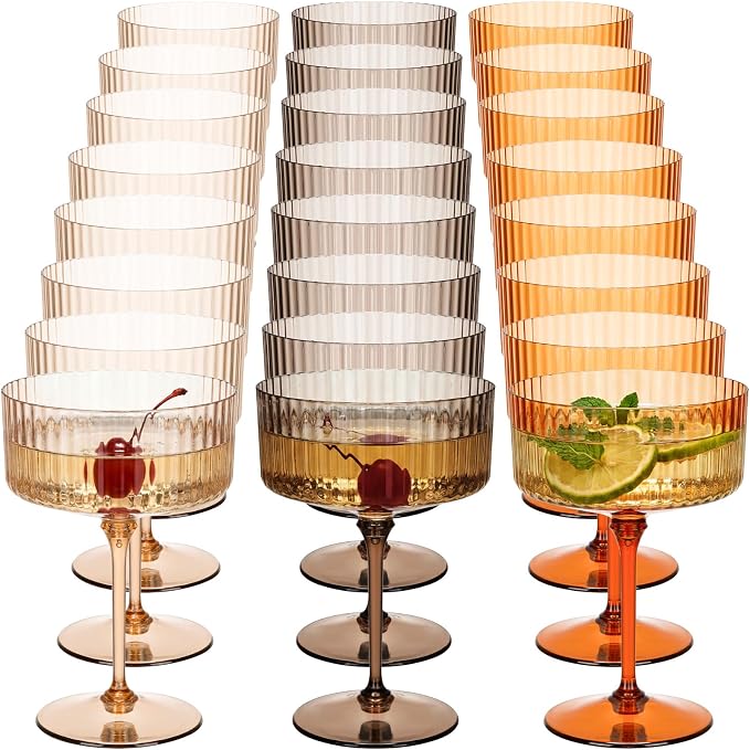 Jingmore 24 Pcs Ribbed Martini Glasses 10 oz Disposable Plastic Vintage Ribbed
