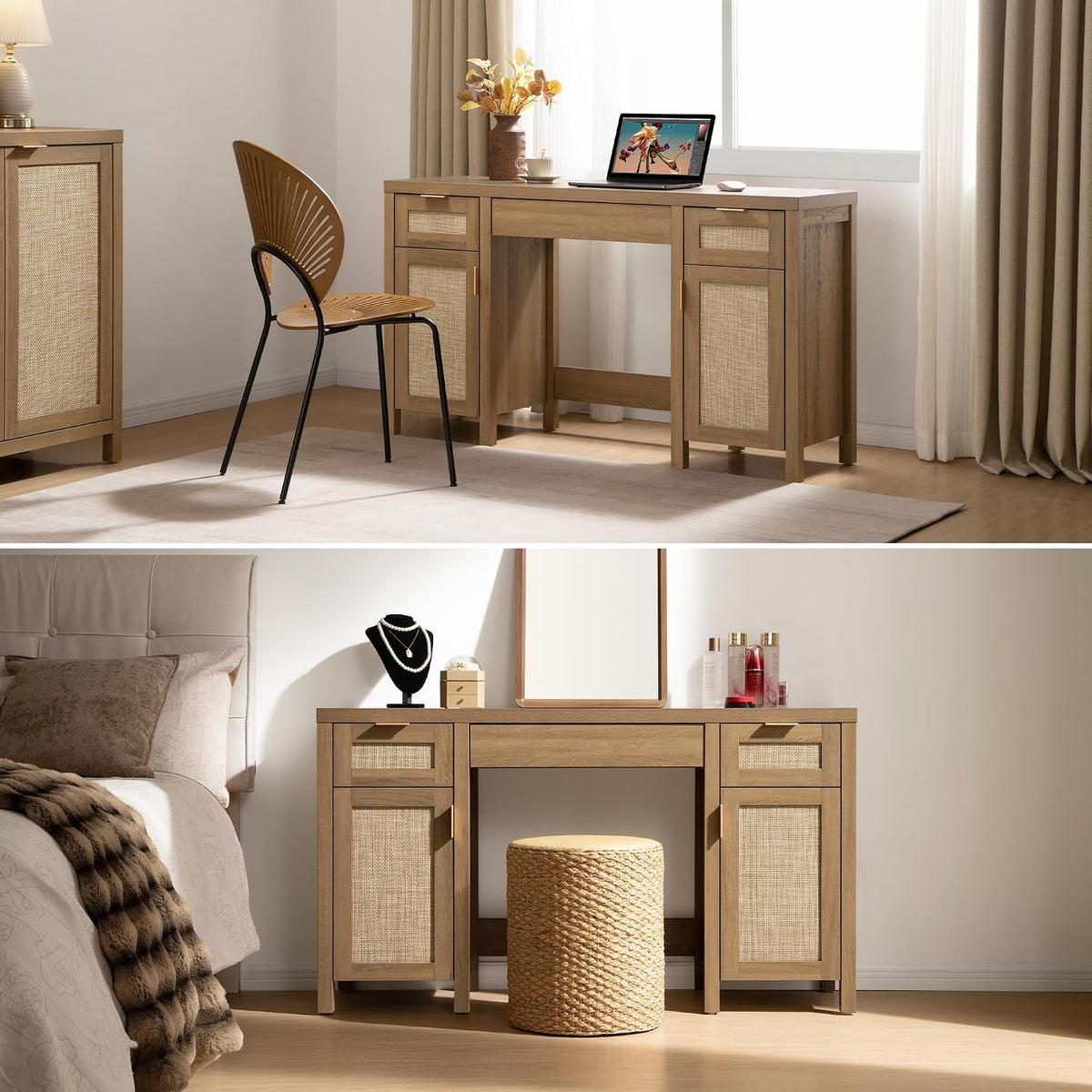 SICOTAS Rattan Vanity Home Office Desk 52" Vanity Table with 3 Drawers