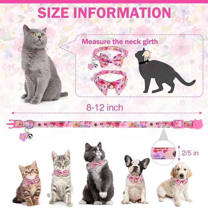 Cat Collar Breakaway with Bells, Pink Cat Bowtie Collar for Girl Cats, Small Cat Collar with Bow for Spring Summer, 2 Pack Soft Cute Floral Kitten Collar with Removable Shirt Collar 8-12Inch