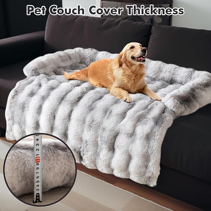LiveGo Fuzzy Pet Couch Covers for Sofa, Dog Couch Cover Fuzzy Sofa Cover Cream Square Plaid Dog Bed Plush Dog Mat for Furniture Protector for Large Medium Dogs and Cats