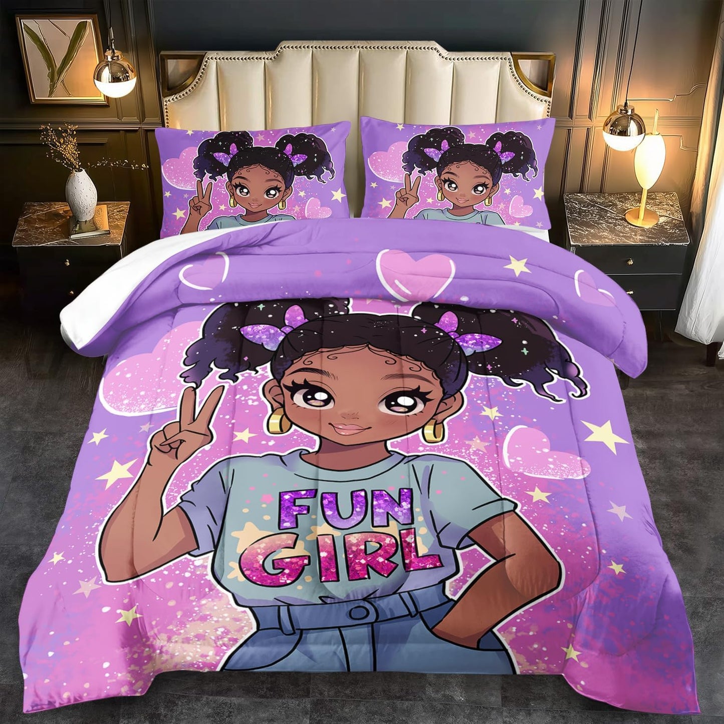 African American Black Girl Comforter Set Queen Size,Cute Black Girl Bedding Set Queen for Kids,Kawaii Heart Comforter Purple Bedding Decor for Teen,Purple Bed Quilt