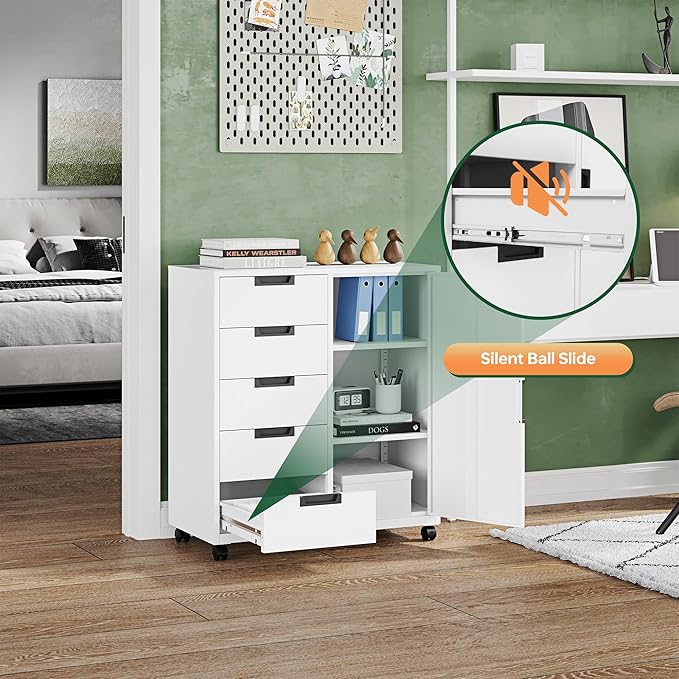 Letaya 5 Drawer Storage Cabinet, Mobile Printer Stand for Home Office,Dresser Chest with Shelves and Door(White)