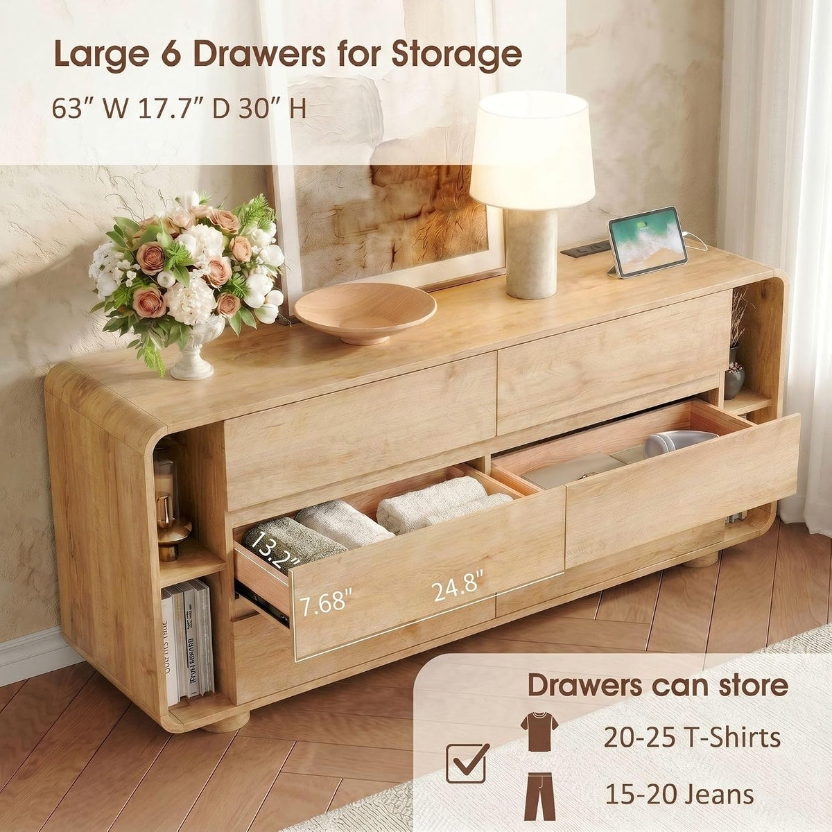 Whalefall 63 Inch 6 Drawer Dresser with Shelves Rounded Corner, Natural Oak