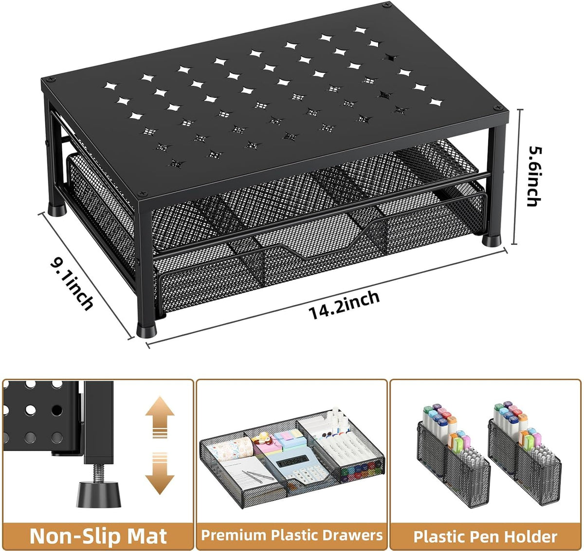Monitor Stand Riser with Mesh Drawer and 2 Pen Holders, Black Star Vent Top