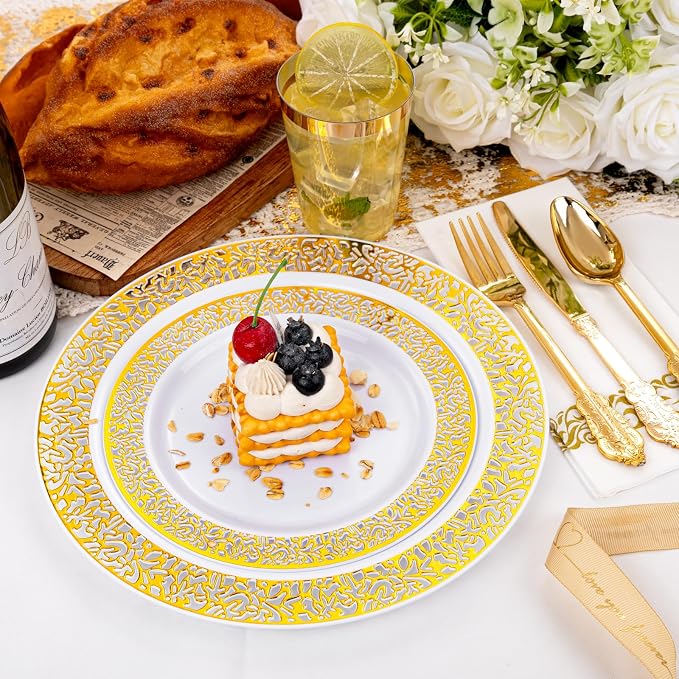 bUCLA 350PCS Gold Plastic Plates Disposable