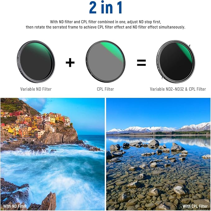 NEEWER 2 in 1 77mm Variable ND Filter ND2–ND32&CPL Filter No X Cross/30 Layer
