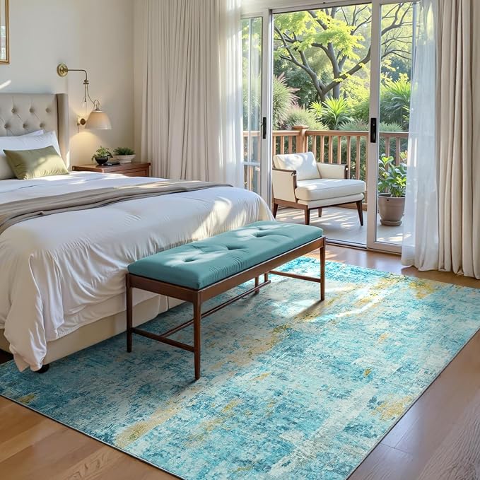 Ompaa Living Room Rug 5x7 Teal Blue Area Rug Machine Washable Boho Rug Non Slip
