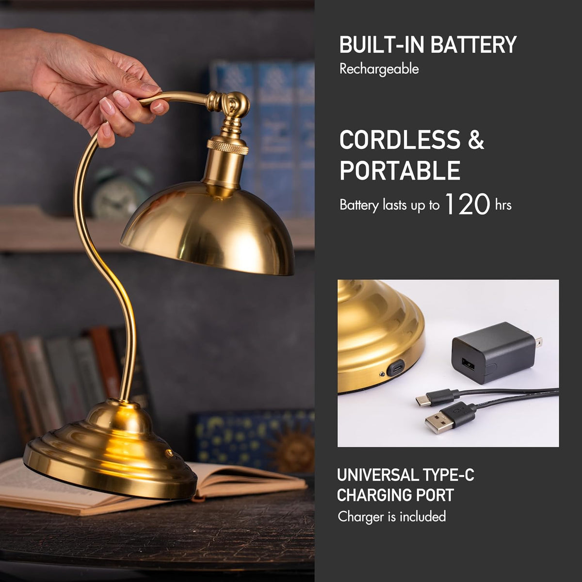 O'Bright Bankers - Cordless LED Table Lamp, Battery-Operated, Rechargeable, 3-Level Dimming, Universal USB-C Charging, 180° Swivel Head, Luxury Metal Shade, Antique Brass