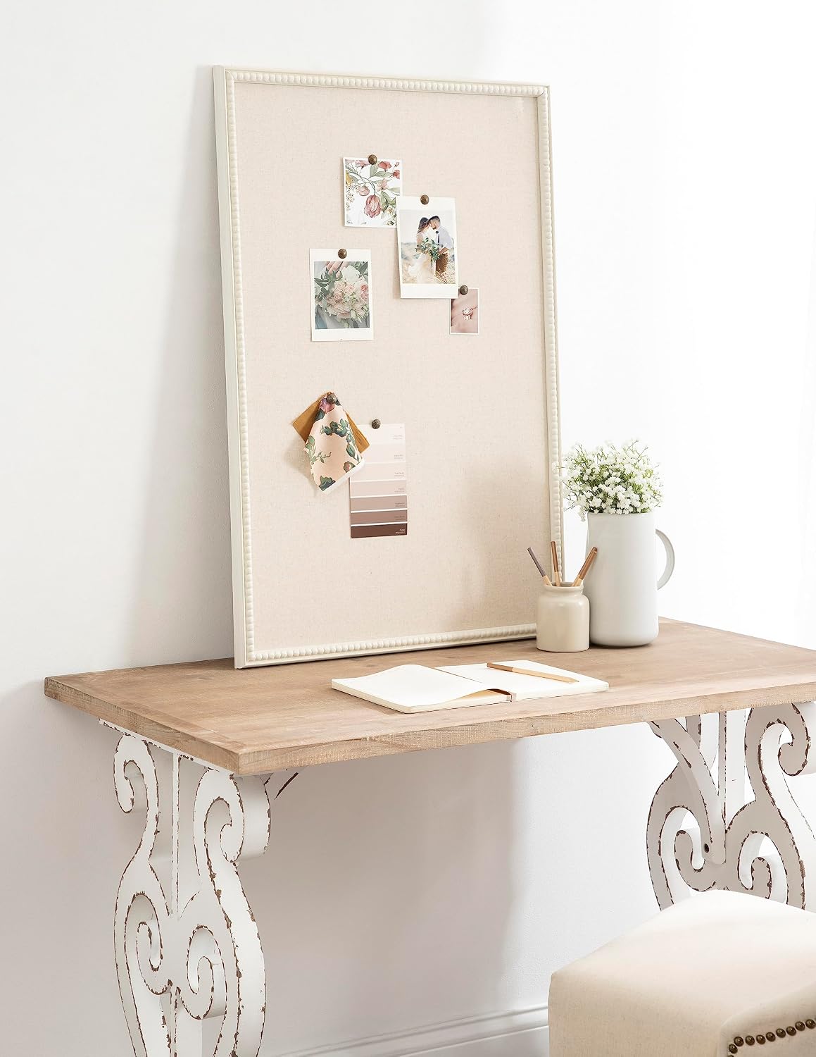Kate and Laurel Makenna Rectangle Framed Linen Fabric Pinboard, 24 x 36, Soft White, Traditional Beaded Bulletin Board for Vintage Home Wall Organization or Aspirational Vision Board