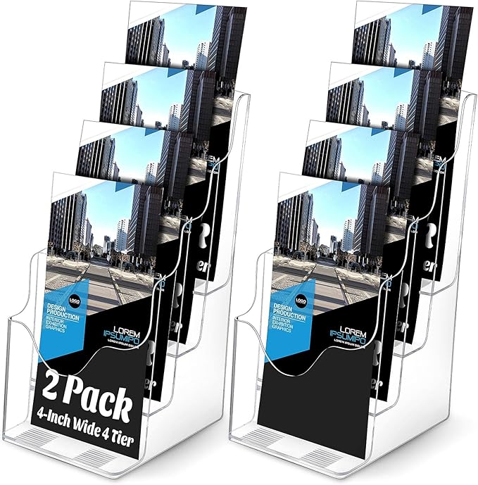 Crtiin 2 Pack 4 Tier Acrylic Brochure Holder Display Stand 4 x 9 Inch, Pamphlet Organizer Flyer Literature Clear Plastic Wall Mount Countertop for Classroom Booklets Magazines Office Home(4 x 9 Inch)