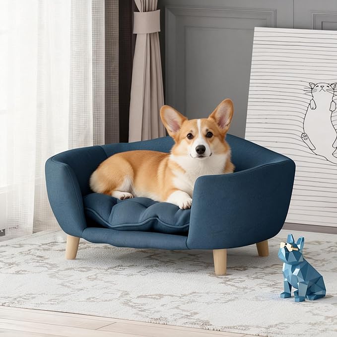 Dog Sofa Couch Bed for Small Dogs, Durable Fabric Rectangle Pet Sofa with Soft Cushion, Modern Elegant Elevated Mini Dog Couch Bed with Backrest and Armrests, Navy Blue