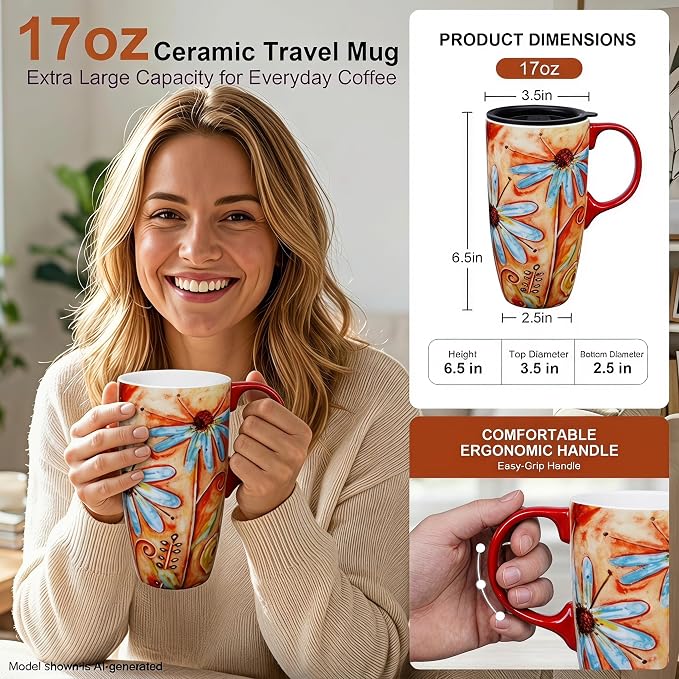 Topadorn 17 oz Ceramic Travel Mug, Colorful Floral Coffee Mug
