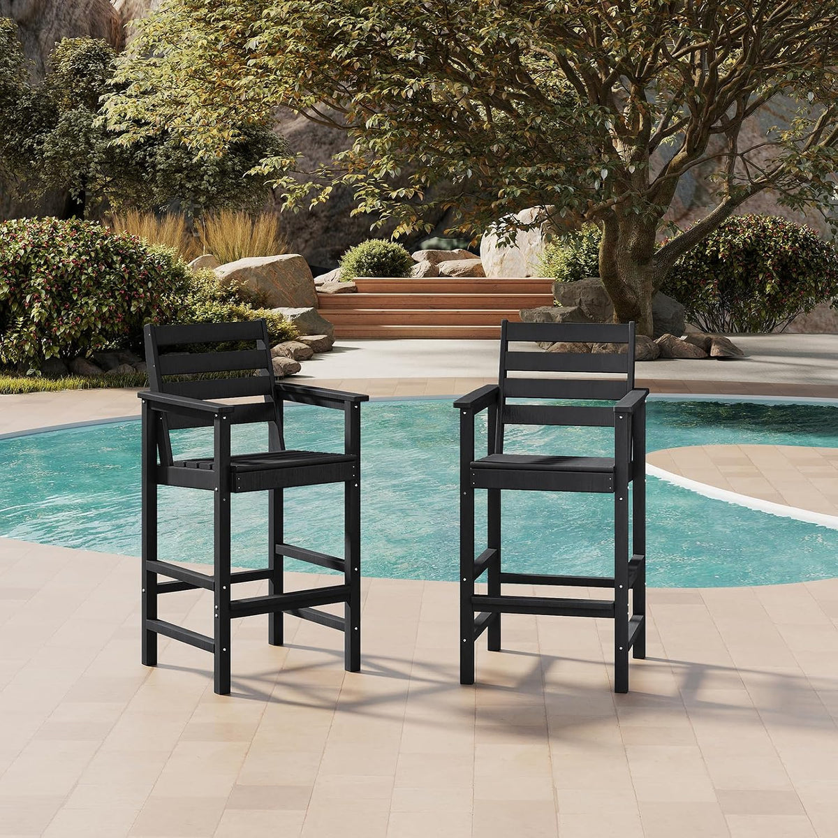 Furnimart 2-Piece Adirondack Bar Height Patio Set, Tall Outdoor Bar Chairs with Wide Seat & Footrest, All-Weather HDPE Bar Set for Balcony, Poolside, Backyard, Black