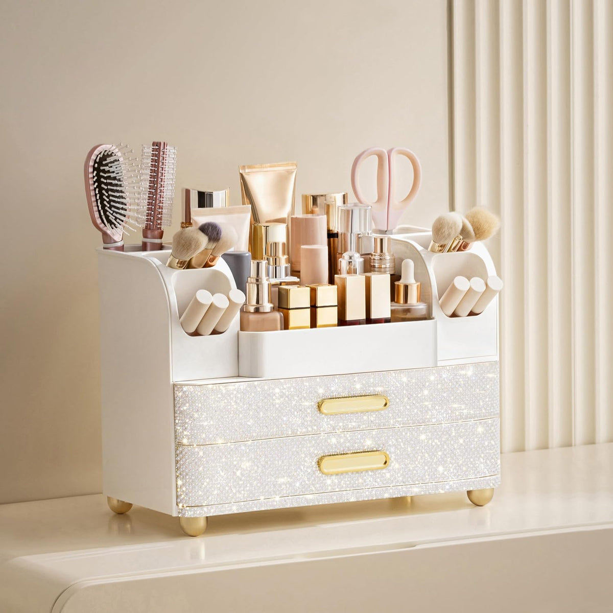 HBlife Makeup Organizer for Vanity with Brush Holder, Large Bathroom Countertop Cosmetic Organizer Skin Care Storage, Easy to Store Nail Polishes, Perfumes, Eyeshadow Palettes, Pearl All White