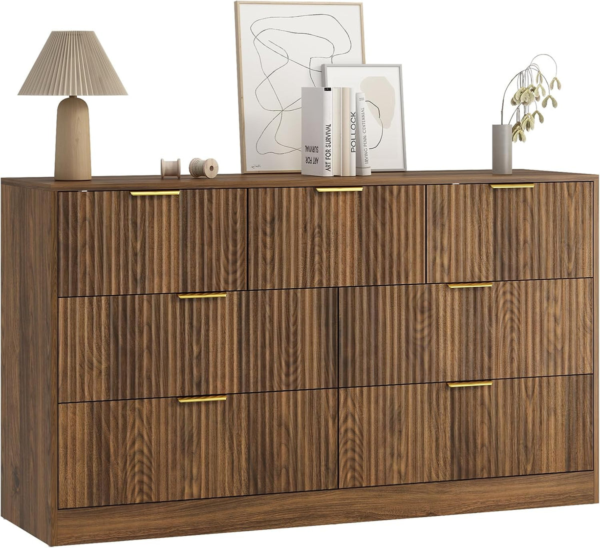 7 Drawer Fluted Dresser with Deep Drawers for Bedroom, Walnut丨55 Wide Mid Century Dresser, Modern Chest of Drawers, Wood TV Stand Storage Organizer for Closet, Living Room, Hallway