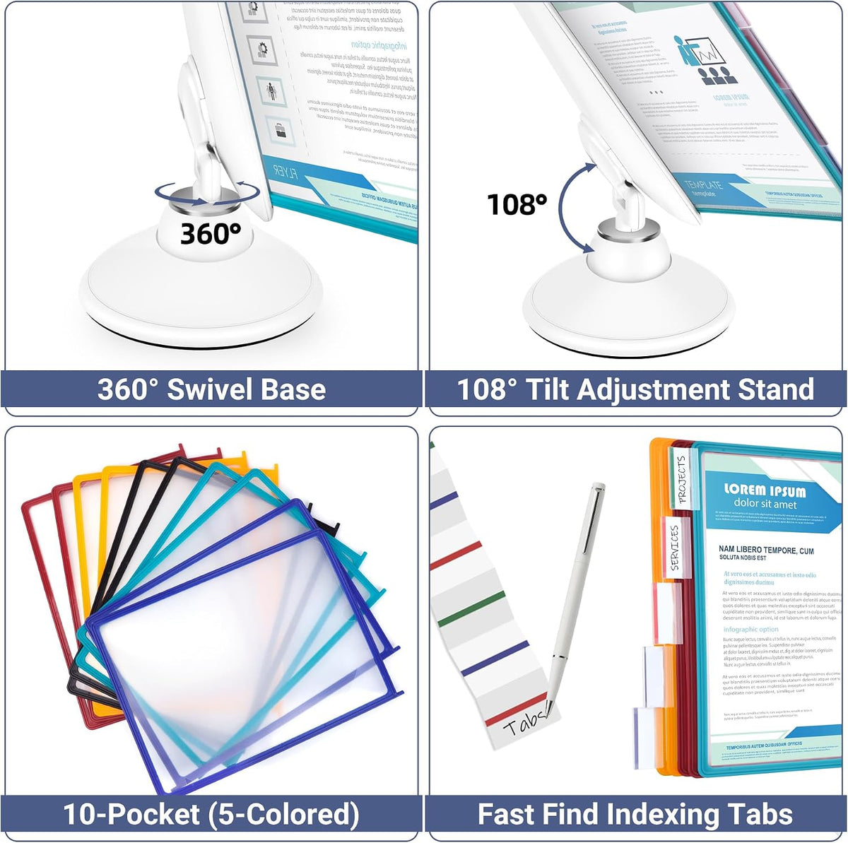 10-Pocket Desk Reference Organizer with 360° Swivel Base & 10 Double-Sided Panels Holds 20 Sheets A4/Letter Size Paper, Fast Flip & Find Desktop Reference System with Colored Index Tabs, White