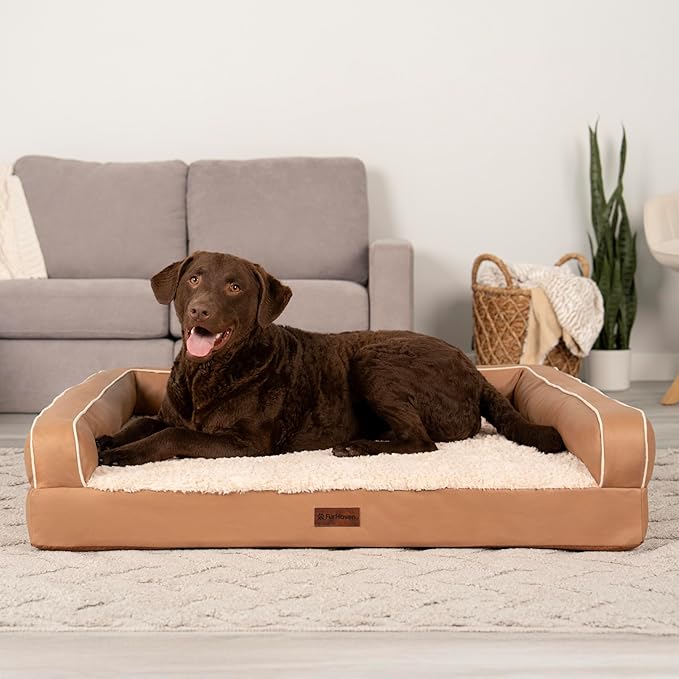 Furhaven Cooling Dog Sofa Bed – Memory Foam Couch with Bolsters, Textured Plush & Water-Resistant Cover, Washable Cover - Camel, Jumbo