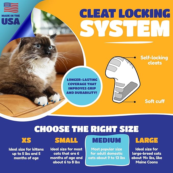 Soft Claws Cat Nail Caps for Large Cats – (Red, Blue & Gold, 40 Caps) - Made in USA - Veterinarian-Developed | Protects Furniture & Skin - Easy to Apply, Long-Lasting Anti-Scratch Soft Cat Claw Covers