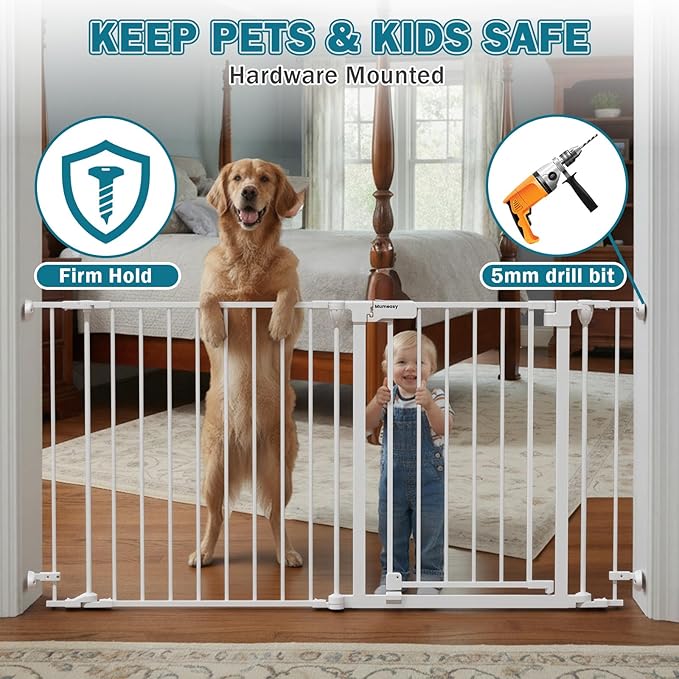 Mumeasy 80" Extra Wide Baby Gate for Doorways, Stairs & Fireplace, Auto Close Dog & Pet Gate with Walk Thru Door, 3 Metal Panels, Hardware Mounted Child Safety Fence for House, Indoor/Outdoor, White
