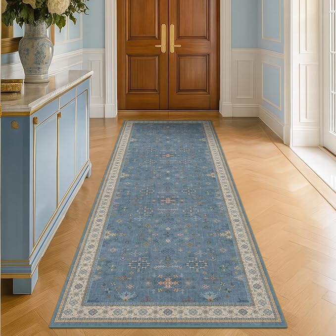 Boho 2'6"x10' Wide Runner Rugs for Hallway Non Skid- 10ft Light Blue Washable