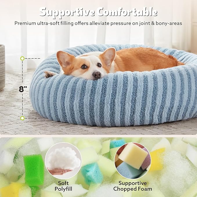 MIXJOY Dog Bed Medium Size Dogs, Washable Medium Dogs Bed with Removable Cover, Cozy Donut Dog Ded Fluffy Plush Faux Fur Pet Bed with Anti-Slip Bottom, 30"x30"x8", Blue