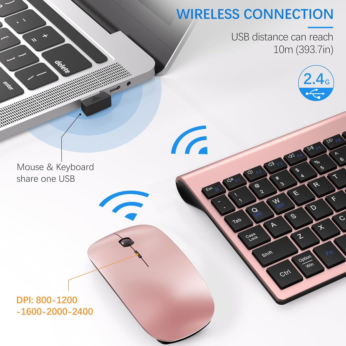 Wireless Keyboard and Mouse Ultra Slim Combo, Dual System - Rose Gold Black