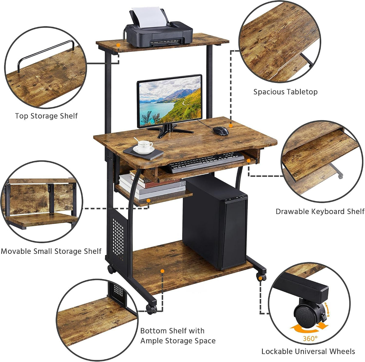 Topeakmart 2-Tier Rolling Desk with Printer Shelf & Keyboard Tray, Rustic Brown