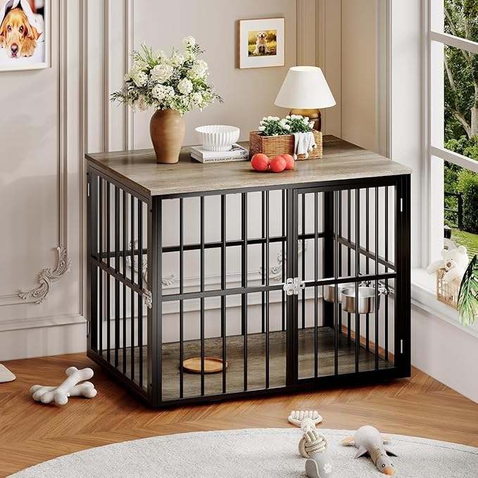43 Inch Indoor Wooden Dog Crate Side Table, Furniture Style Pet Cage with Double-Door Access and Adjustable Food Bowl, Heavy-Duty Dog Kennel for Medium and Large Breeds