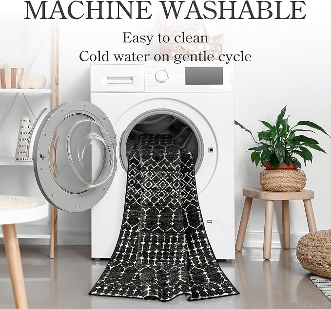 Lahome Moroccan 2x6 Black Runner Rug Non-Slip, Kitchen Rug Runner Washable