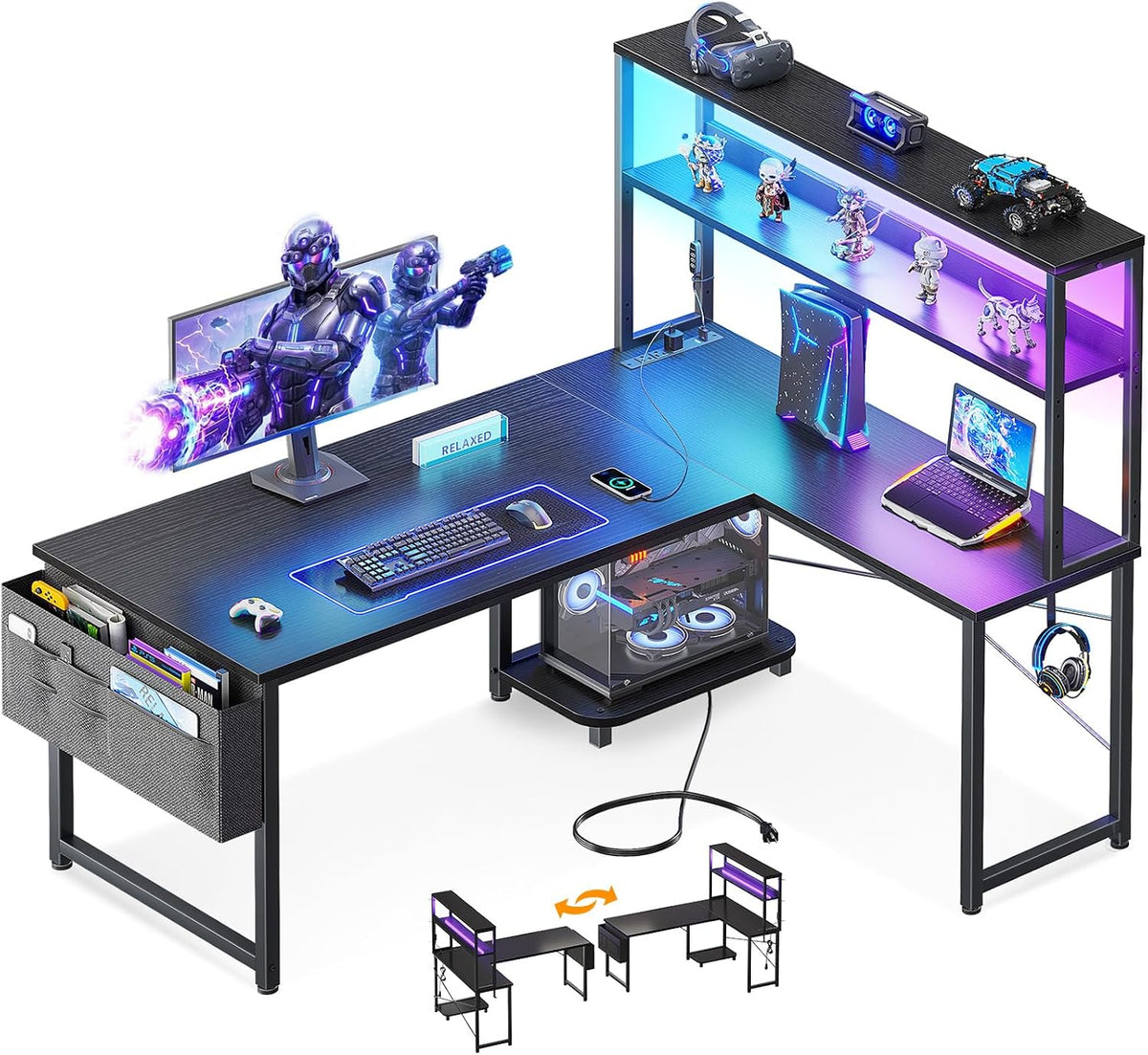 ODK 43" L Shaped Gaming Desk with Shelves, LED & Outlets, Black
