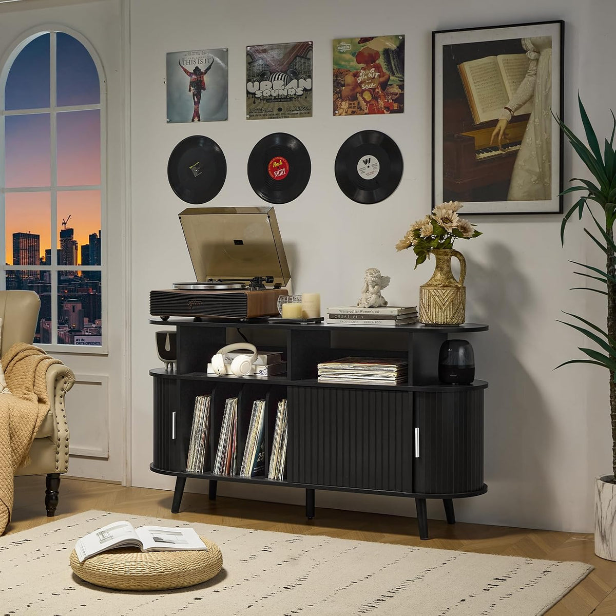 LELELINKY Extra Large Round Record Player Stand with Charging Station