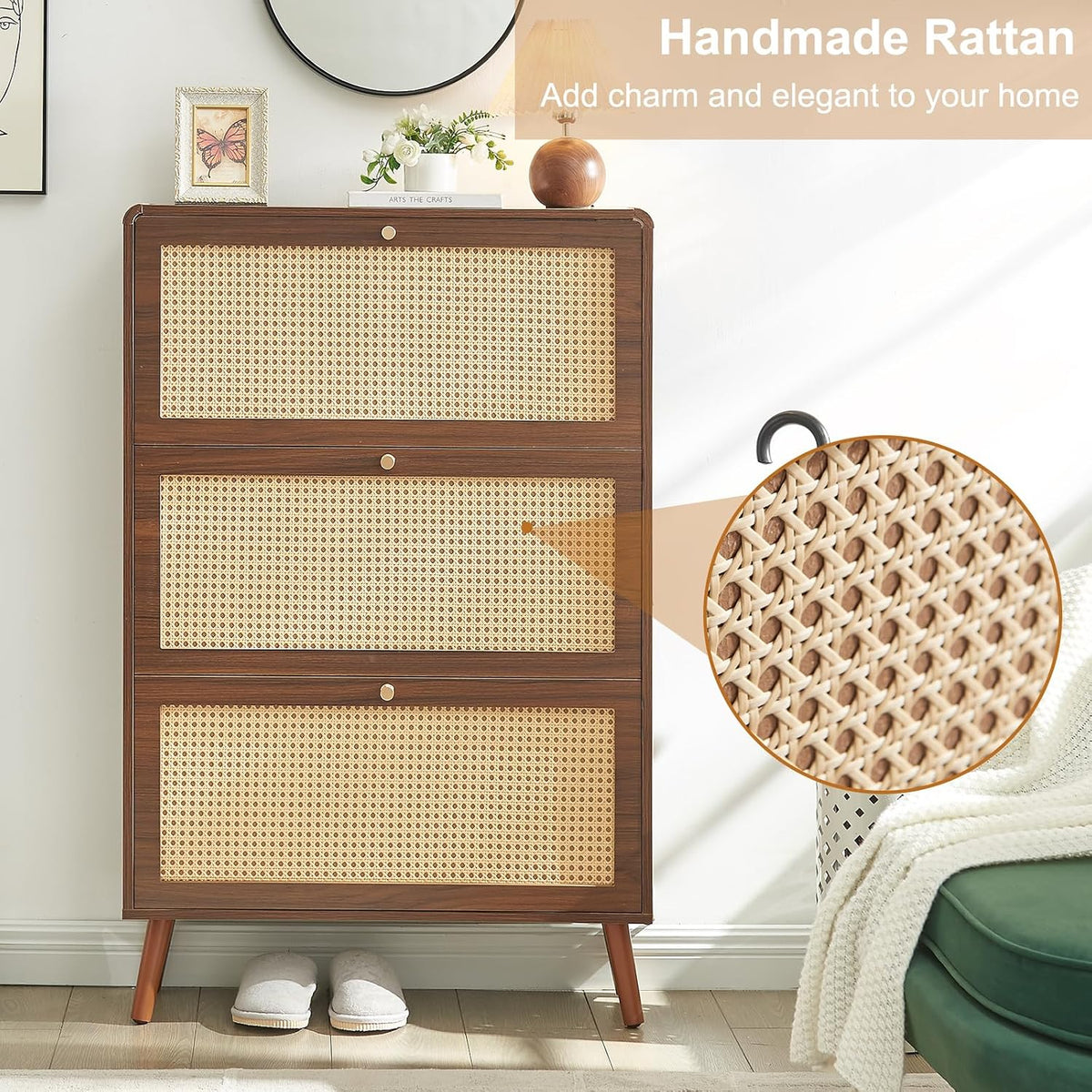 Rattan Shoe Cabinet with 3 Flip Drawers, Walnut Slim Shoe Storage