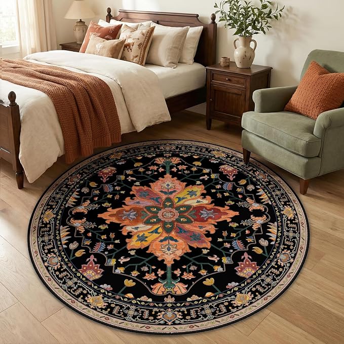 RELEANY Area Rugs Round 5ft Washable Non-Slip, Floral Vintage Distress