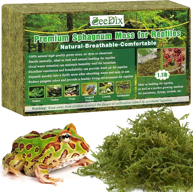 ZeeDix 1.1 lb Premium Sphagnum Moss for Reptile,25 qt Green Natural Reptile Moss Bedding for Terrarium Plants, Long Fiber Reptile Moss for Leopards, Geckos, Snakes, Turtles, Frogs