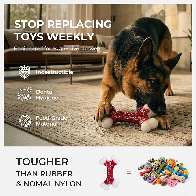 Indestructible Dog Toys for Aggressive Chewers: Beef Flavored Hard Nylon Bone Chew Toys, Tough Dog Chew Toys for Large Dogs, Dog Toys to Keep Them Busy for Medium Large Breed (20-80 lbs), Red