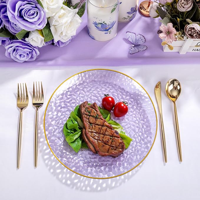 Rubtlamp 100Pcs Plastic Purple Dinner Plates, Heavy Duty 10 Inch Gold