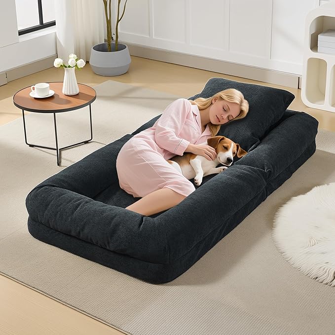 GarveeHome Human Dog Bed for Adult, Comfy Lazy Sofa Bed with 2 Pillows & 5 Adjustable Position, Chenille Upholstered Lounge Chair for Living Room Bedroom Black