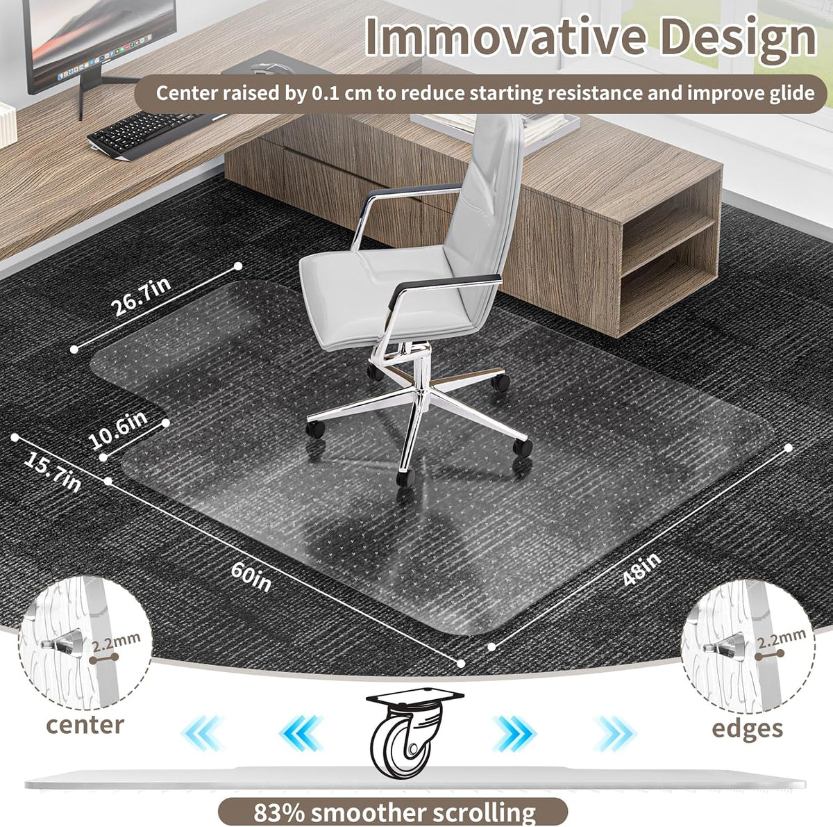 Office Chair Mat for Low Pile Carpet, 48"x60" Clear Smooth Glide with Lip