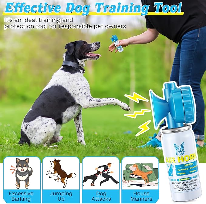 Air Horn, 1.4 oz 120 dB Loud Air Horns for Safety, for Coyotes and Aggressive Dog, Stops Attacking Fighting Barking Chasing, Effective Training Tool & Outdoor Safety Alarm, Blue(4 Pack)
