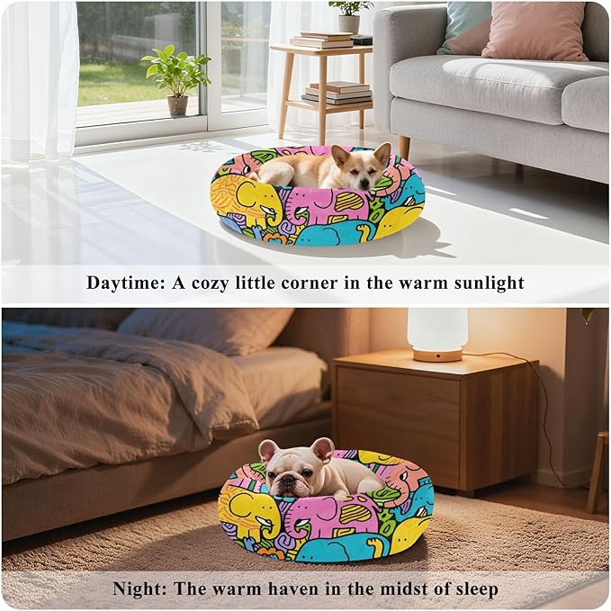 Cute Cartoon Colorful Elephant Calming Anti Anxiety Pet Orthopedic Dog Bed for Small Dogs Supplies Dog Beds and Furniture