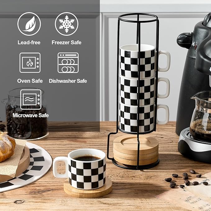 LUKA Porcelain Stackable Black and White Checkered Espresso Cups