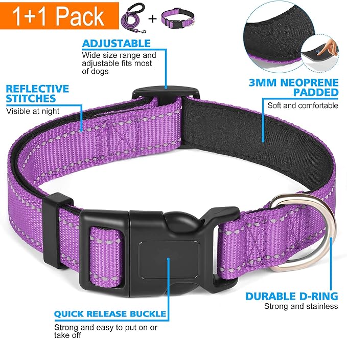 Reflective Dog Collar Padded with Soft Neoprene Breathable Adjustable Nylon Dog Collars for Small Medium Large Dogs (Medium (Pack of 1), Purple Collar+Leash)