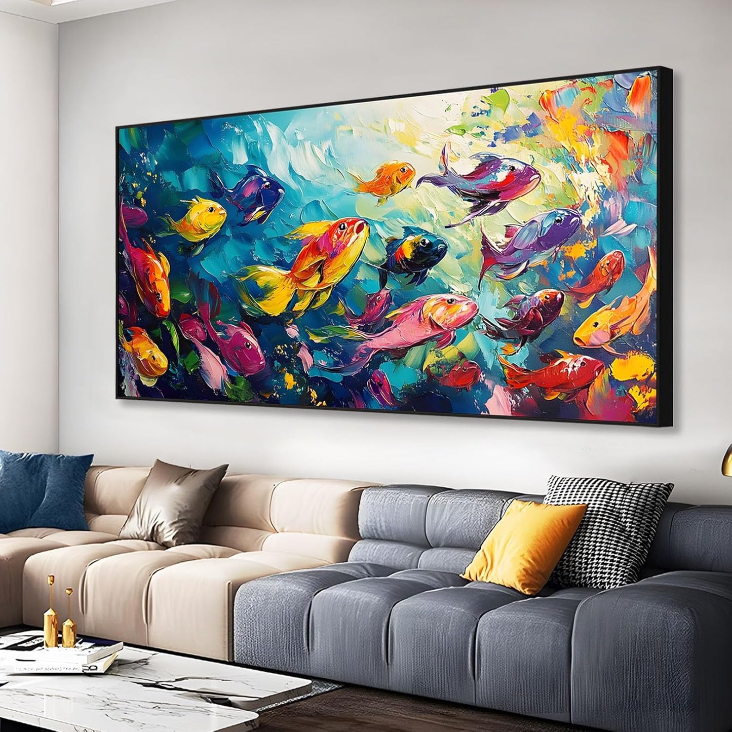 School of Fish Printed Canvas Wall Art – Framed Abstract Ocean Print – Vibrant Fish Wall Decor for Living Room, Bedroom, Office (Black Framed, 55"x27"|140x70cm)